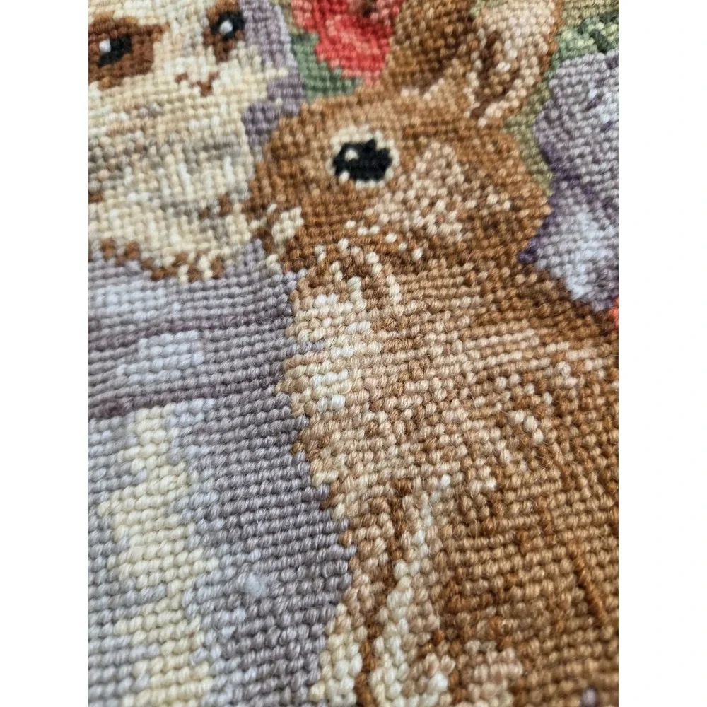 Vtg Hand Stitched Needlepoint Bunny Rabbit Watering Garden Accent Pillow 9.5